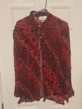 erin london Red and Black Animal-Print Sheer Button Blouse